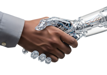 Human and robot hands shaking, symbolizing future partnership