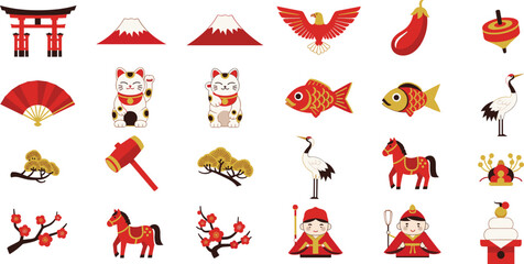 Japanese Traditional Lucky Charms Icon Set: Fuji, Torii Gate, Maneki-Neko, Crane, Plum Blossom, and New Year Symbols.