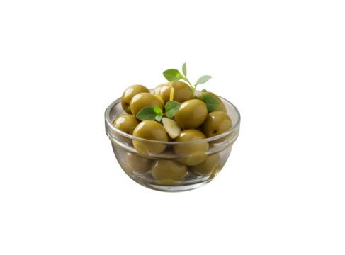 Small glass bowls filled with green olives sit on white background