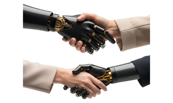 Human and robot hands shaking, symbolizing future partnership