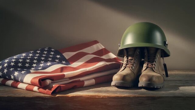 Folded national flag resting beside an army helmet and combat boots arranged in a respectful tribute