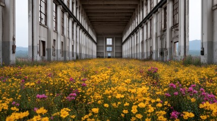 Obraz premium A vibrant field of flowers fills an abandoned industrial space, showcasing a stunning contrast between nature and decay.