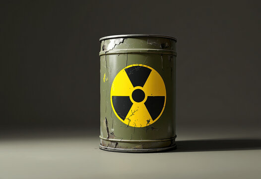 Weathered green barrel with radiation warning symbol on neutral background
