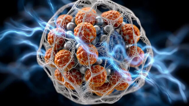 Atomic structure nucleus proton neutron electron energy science with dynamic futuristic glowing blue orange electric charge, molecular sphere