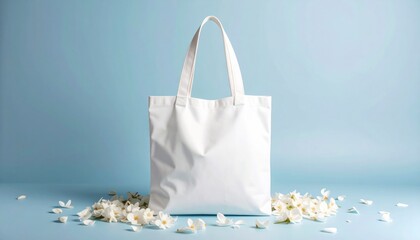 White Canvas Tote Bag Mockup with Petals on Blue Background.