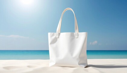 White Tote Bag on Sandy Beach with Ocean and Blue Sky Background.