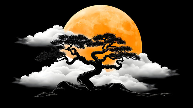 An enchanting opus showcasing a resplendent celestial orb, ensconced within ethereal embrace of towering arboreal sentinels,