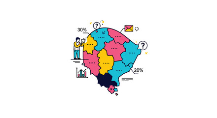 Colorful Map with Person Analyzing Data, Questions, and Email Icon for Business Strategy or Marketing Decisions and Statistical Analysis in Differing Regions
