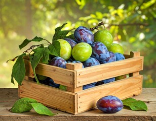 Wooden crate overflowing with ripe purple and green fruit, leaves