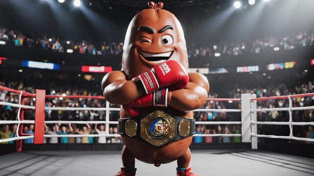 Sausage Fighter Champion in Boxing Ring - A cartoonish sausage character stands in a boxing ring wearing boxing gloves and a championship belt.