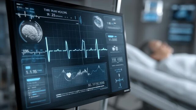 Treatment Strategy concept ,Medical monitor displaying heart rate, brain scan, and vital signs hospital room with patient lying bed, advanced