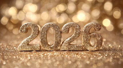 Shimmering golden 2026 numerals sparkle against a bokeh backdrop, perfect for New Year's celebrations and future event marketing campaigns