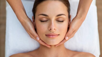 A woman enjoys a relaxing facial treatment with hands gently massaging her face, promoting wellness and beauty.