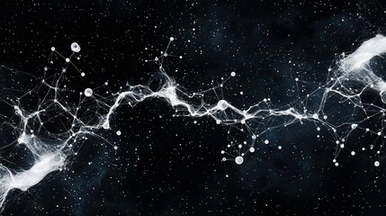 An abstract visualization of interconnected nodes and lines, resembling a neural network or cosmic web, set against a dark, star-filled background. The nodes gl
