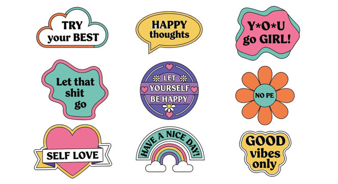 Bright retro stickers with motivational messages for positivity vibes