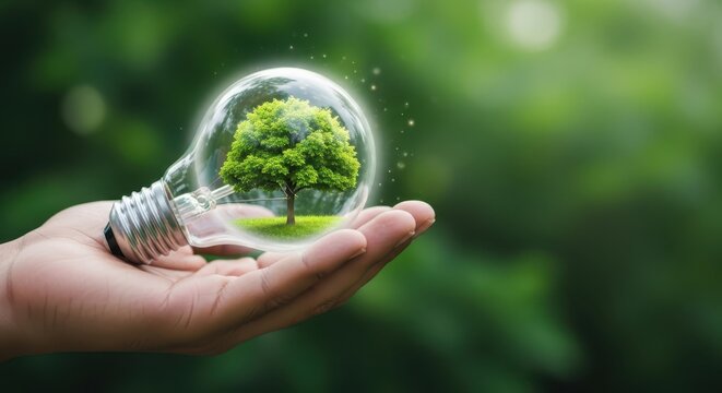 Light bulb with tree inside held in hand green background nature