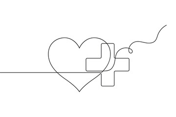 Healthcare cross and heart icon in elegant continuous line art