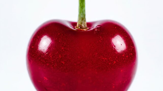 Single Ripe Cherry on White - A close-up of a single ripe red cherry with a green stem, set against a clean white background.