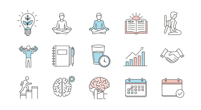 Empower your success with icons representing growth, mindfulness, learning, health, and productivity for modern business and personal development projects.