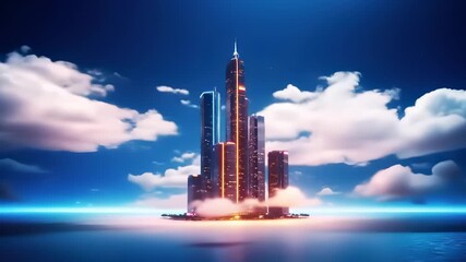 Futuristic Cityscape - Skyscrapers Amidst Clouds and Blue Sky.