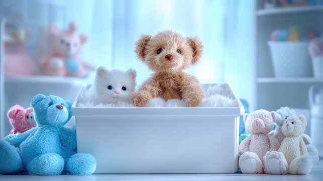 The box is brightly filled with soft toys, including bears and playful animal figures, creating a cheerful atmosphere for children to enjoy their playtime activities.