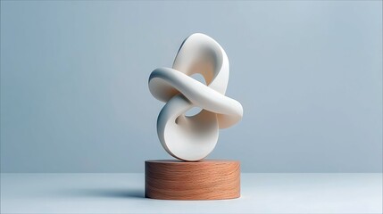 A smooth, white abstract sculpture with intertwined loops sits on a round wooden pedestal against a soft blue background. Studio lighting.