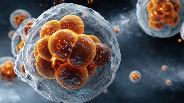 Bioenergetics concept ,Cell biology science orange blue microscopic closeup reactive oxygen species molecular structure glowing division medical