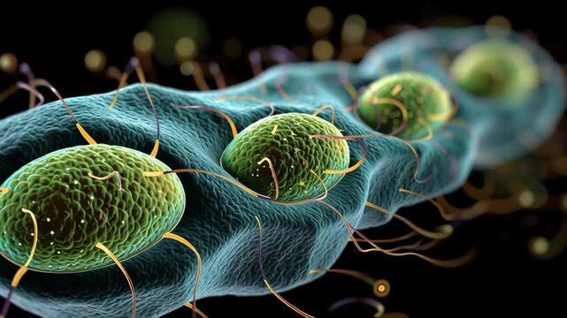 Bioenergetics concept ,Bacteria cell structure with green and blue color, microscopic view showing flagella, cell membrane, detailed texture, science