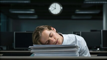 A tired individual rests their head on a stack of papers in an office setting, with a clock in the background indicating late hours.