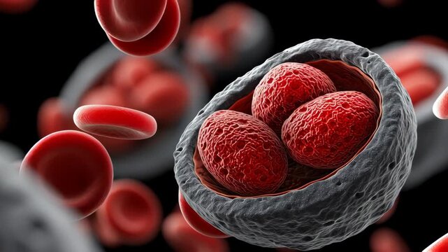 Bioenergetics concept ,Red blood cell parasite malaria infection Plasmodium disease microscopic health, mitochondrion and parasite structure