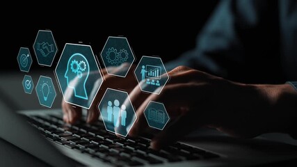 Head with gear and icons representing learning, digital training, and development process, showing skill growth for human or AI systems through knowledge or task optimization Marrow - Powered by Adobe