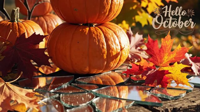 Stacked Pumpkins with Autumn Leaves - Two vibrant pumpkins are stacked atop shattered mirror pieces, surrounded by colorful autumn leaves.