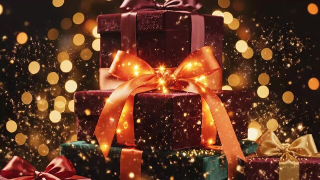 Stacked Christmas Gifts with Glowing Ribbons - This festive video features a stack of elegantly wrapped gift boxes, adorned with glowing orange ribbons.