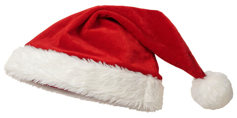 Festive Santa hat resting on white background, showcasing classic red velvet and fluffy trim. Perfect Christmas accessory for holiday design themes. Ideal winter decoration element.