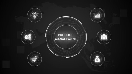 Product Management, Hologram Futuristic Interface, Business, Technology, Internet and network concept. Business icons on digital world map background. - Powered by Adobe