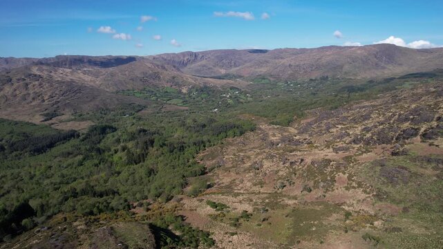 Flying Above Landscape of Caha Mountains on Sunny Day, Ireland, Drone Aerial View