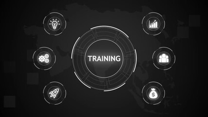 Training, Hologram Futuristic Interface, Business, Technology, Internet and network concept. Business icons on digital world map background. - Powered by Adobe