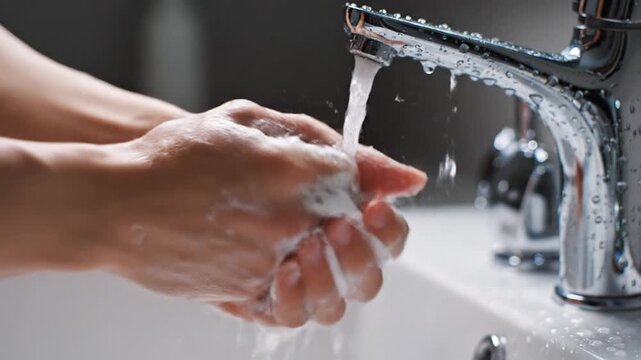 Close Up of Person Washing Hands with Soap and Water Under Chrome Faucet in Modern Bathroom Sink with Dark Background and Soft Lighting