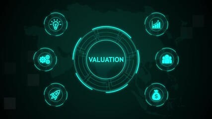 Valuation, Hologram Futuristic Interface, Business, Technology, Internet and network concept. Business icons on digital world map background.