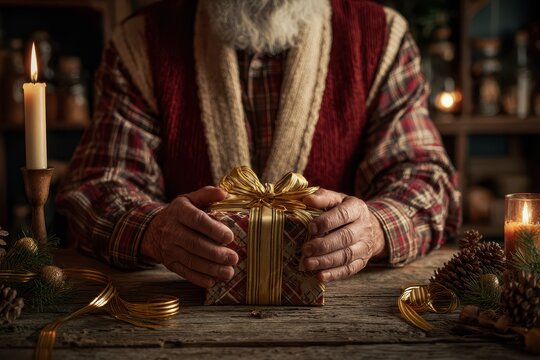 Warmth and tradition this Christmas season a man holds a beautiful gift adorned with a golden ribbon in a rustic setting with glowing candlelight and pinecones