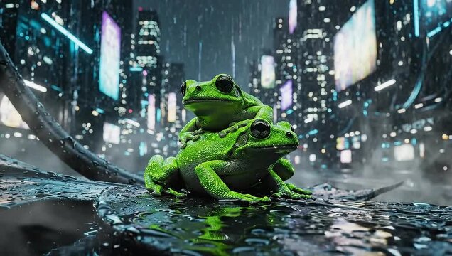 Two vibrant green frogs find refuge in a surreal, rainy cyberpunk cityscape, a futuristic vision from 2025 under neon lights
