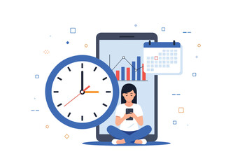 Time management and productivity app concept with calendar and clock - Flat Vector Illustration, icon. Editable stroke. Colored vector illustration