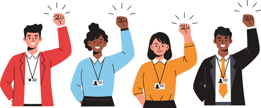 Diverse group of business people with ID cards raising fists up in power and solidarity flat vector illustration.