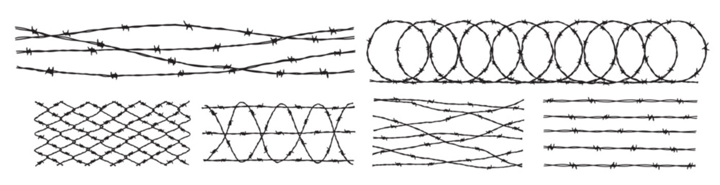 Set of barbwire fence backgrounds. Hand drawn vector illustration in sketch style. Design element for military, security, prison, slavery concepts