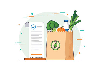 Paper grocery bag filled with fresh produce and shopping list - Flat Vector Illustration, icon. Editable stroke. Colored vector illustration