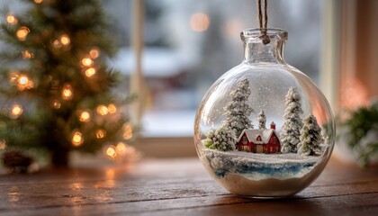 Glass globe containing a miniature winter scene with snow-covered trees and a tiny house rests beside holiday lights.