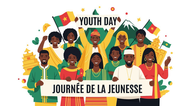 A festive gathering of Cameroonian youth celebrating unity and culture with national flags and traditional clothing