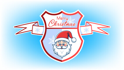 Vector festive red and white New Years sticker. Shield, snowflakes, portrait of cartoon cute Santa Claus and ribbon. Merry Christmas. Coat of arms, logo or emblem