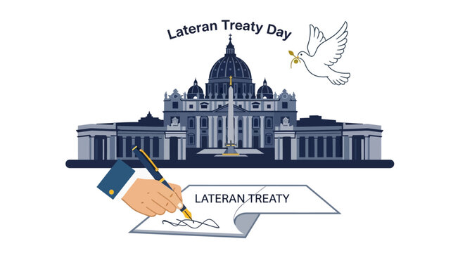 Lateran Treaty Day Celebrated with Dove, Vatican City, and Hand Signing Document
