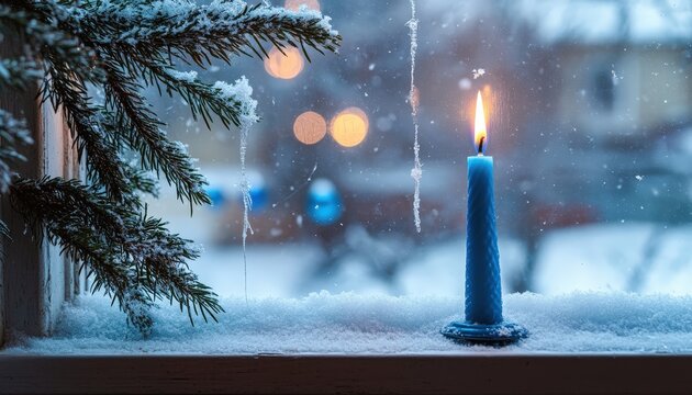 Illuminated blue candle sits upon a snowy windowsill beside frosted evergreen branches during a winter scene - Powered by Adobe